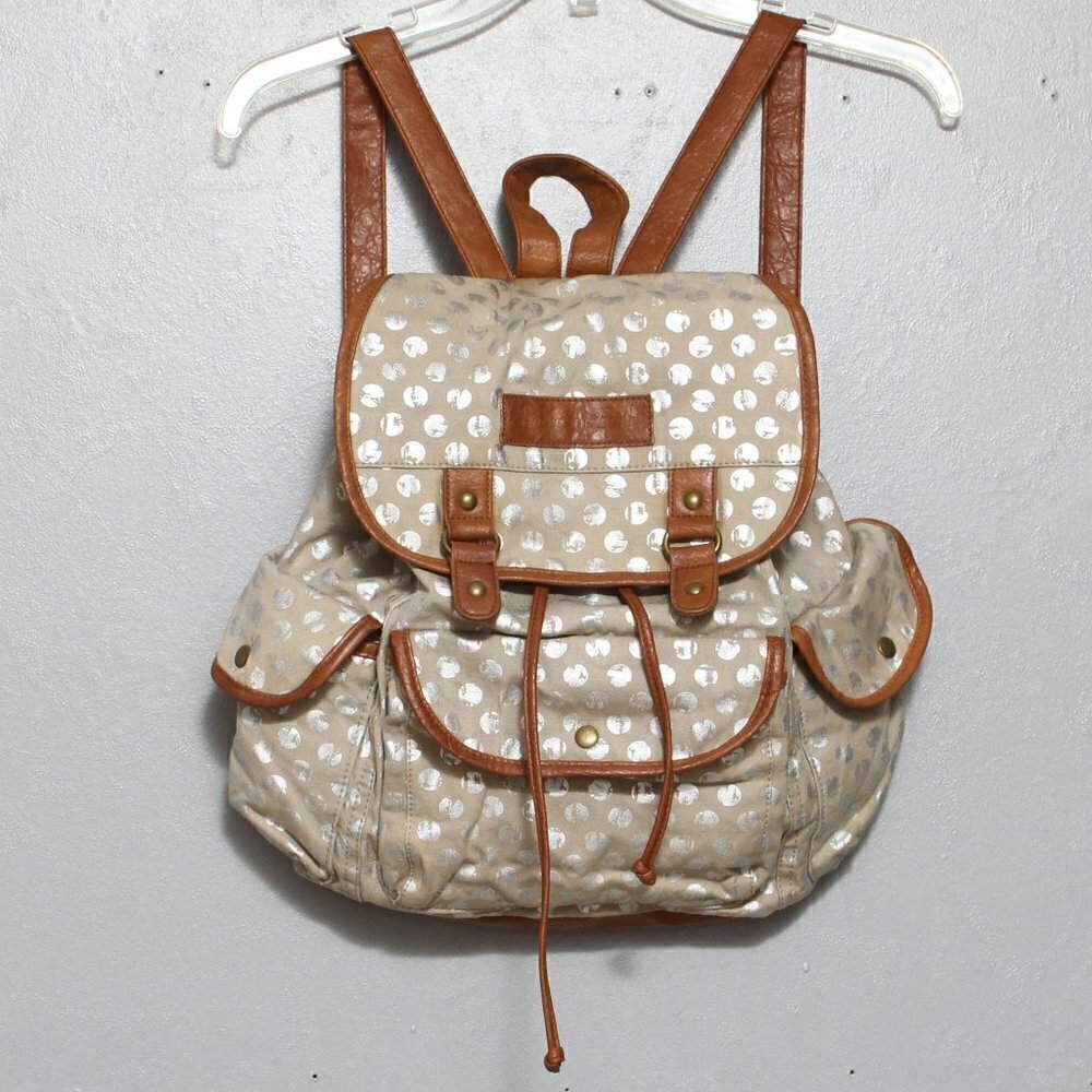 American Eagle tan beige brown polka dot backpack